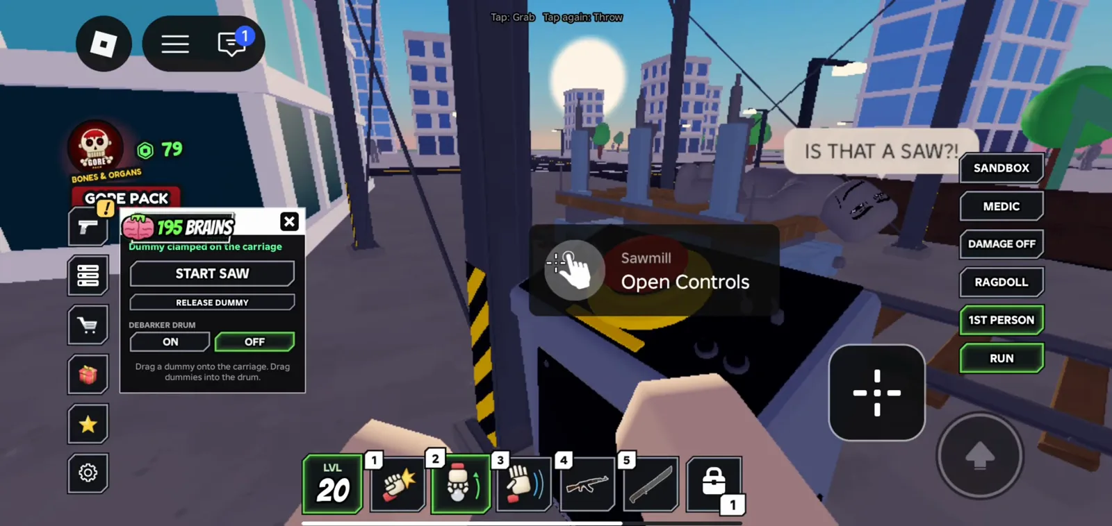 Ragdoll Reality Sawmill carriage shows the floating open controls hand icon on the yellow switch with debarker toggles and sandbox sidebar buttons still visible.