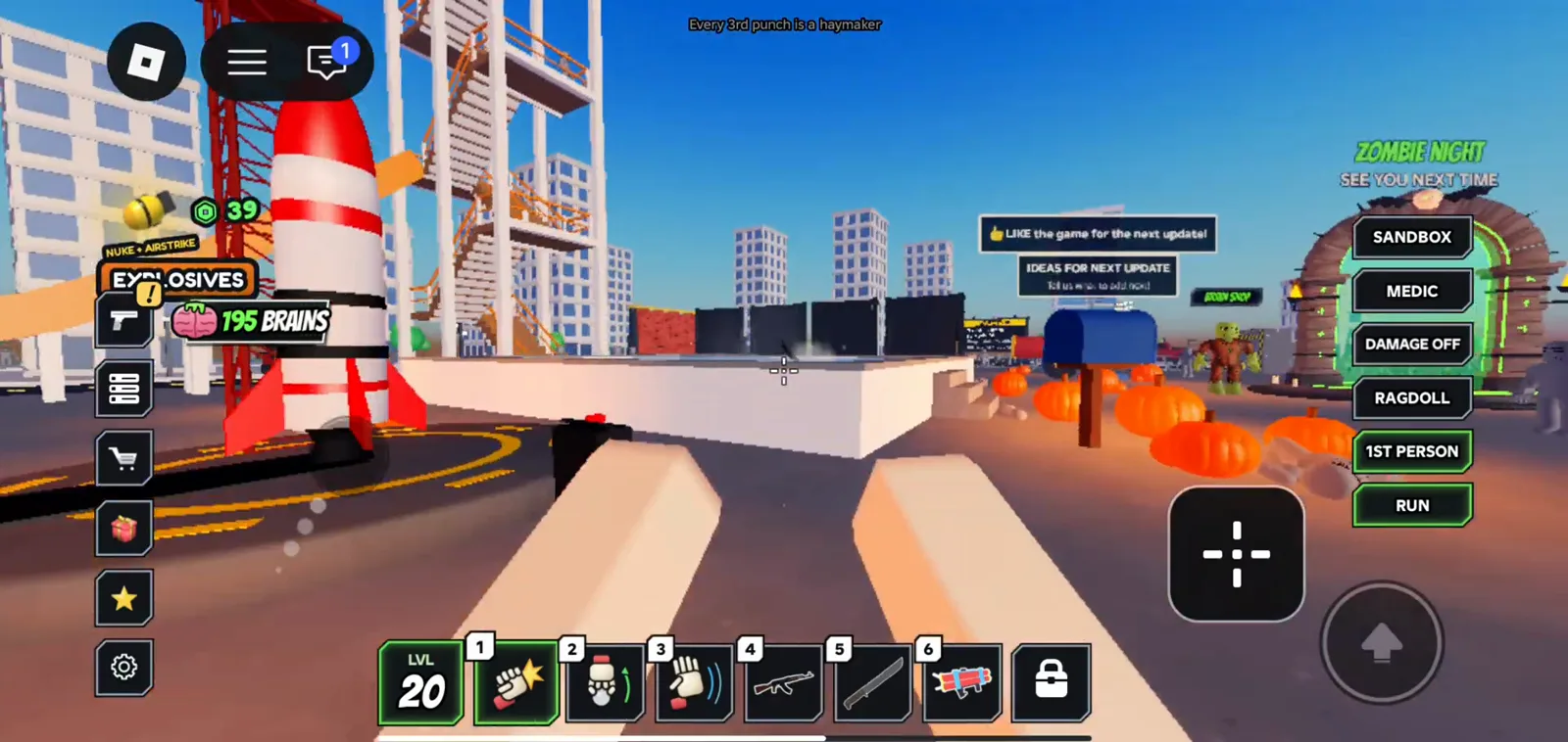 Ragdoll Reality third-person city plaza reveals the six-slot hotbar, a red rocket pad, pumpkins, and Zombie Night signage near a white scaffold tower rather than a first-person rifle lane.
