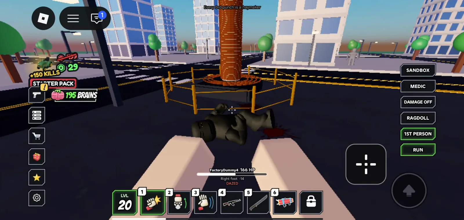 On a Ragdoll Reality city street the mobile sidebar shows SANDBOX through RUN while a factory dummy lies dazed on the asphalt and the six-slot hotbar stays pinned above touch controls.