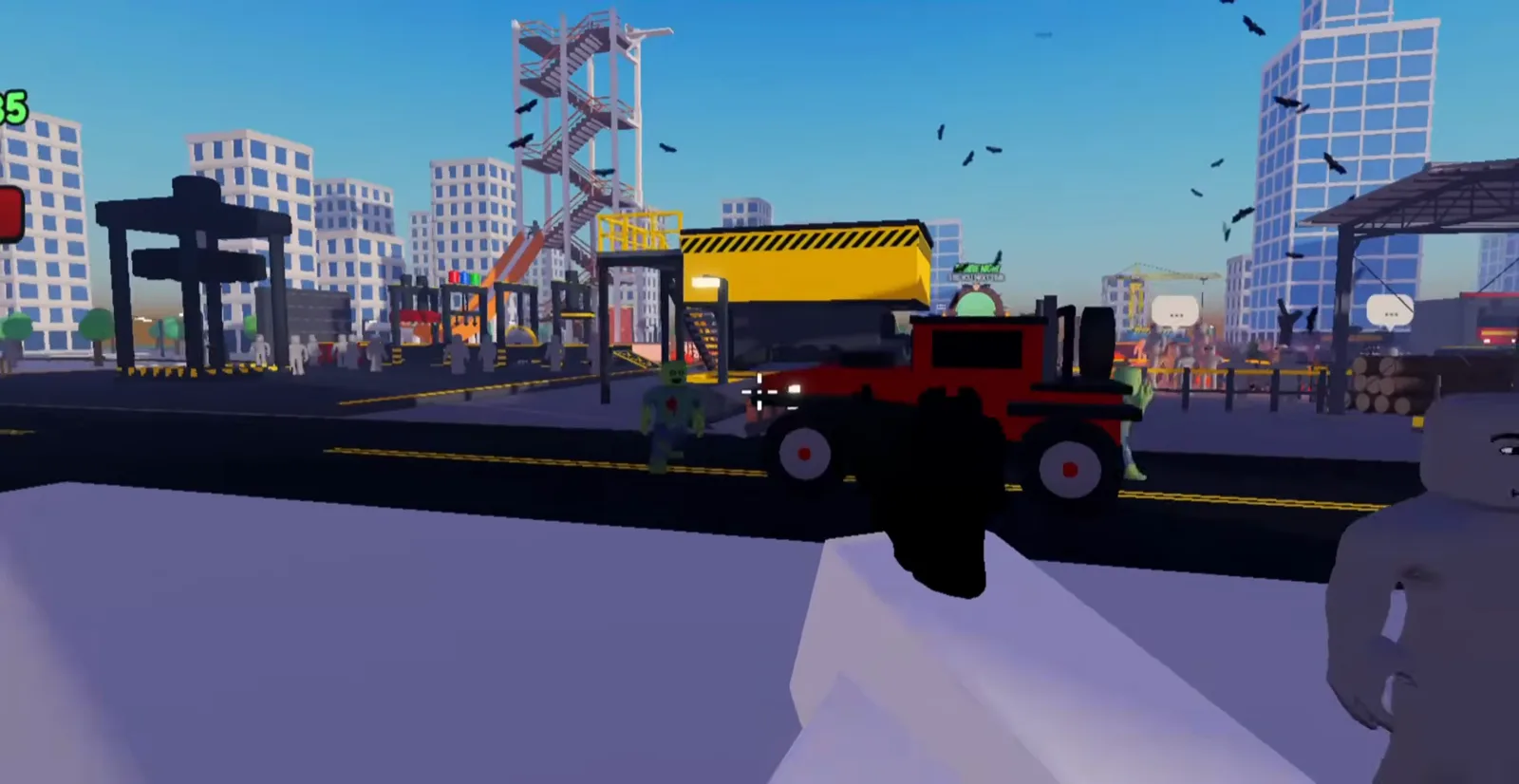 Ragdoll Reality third-person city shot shows a white scaffold tower and hazard platform while a green zombie stands near a red jeep with no readable shop signage in frame.