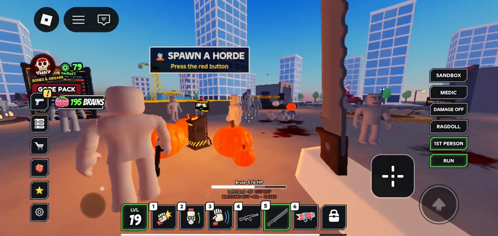 Ragdoll Reality mobile banner text spawn a horde press the red button hovers above the crimson kiosk switch while sandbox toggles line the right edge.