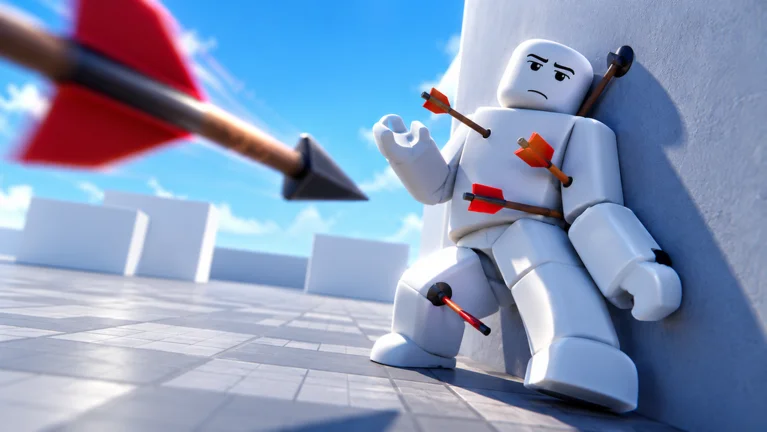 Official Roblox developer gallery artwork for Ragdoll Reality shows a white block dummy pinned with arrows against a wall while another arrow flies toward the viewer.