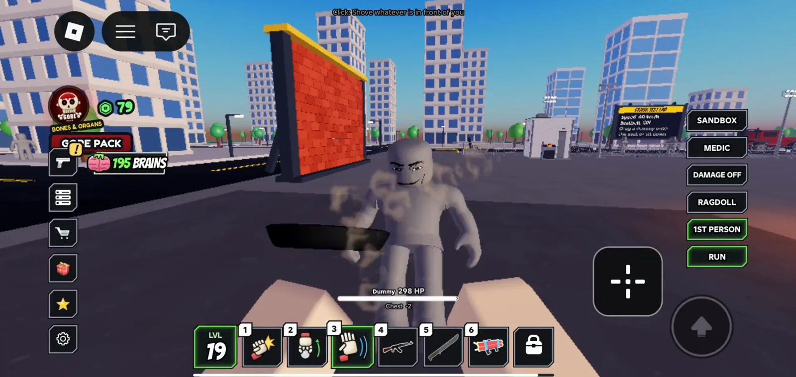 Ragdoll Reality mobile HUD tells you to shove whatever is in front while slot three highlights the hand icon and a dummy stands on the city crash test pad.